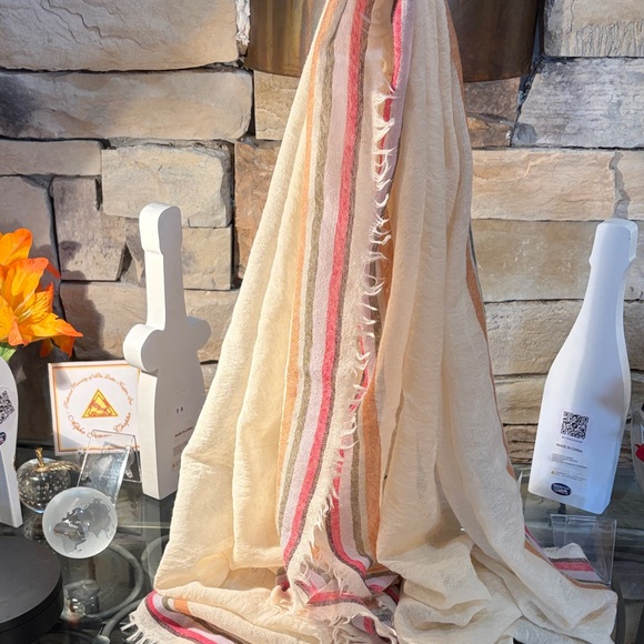 Tory Burch Cream and Pink Fringed Scarf - Picture 5 of 6